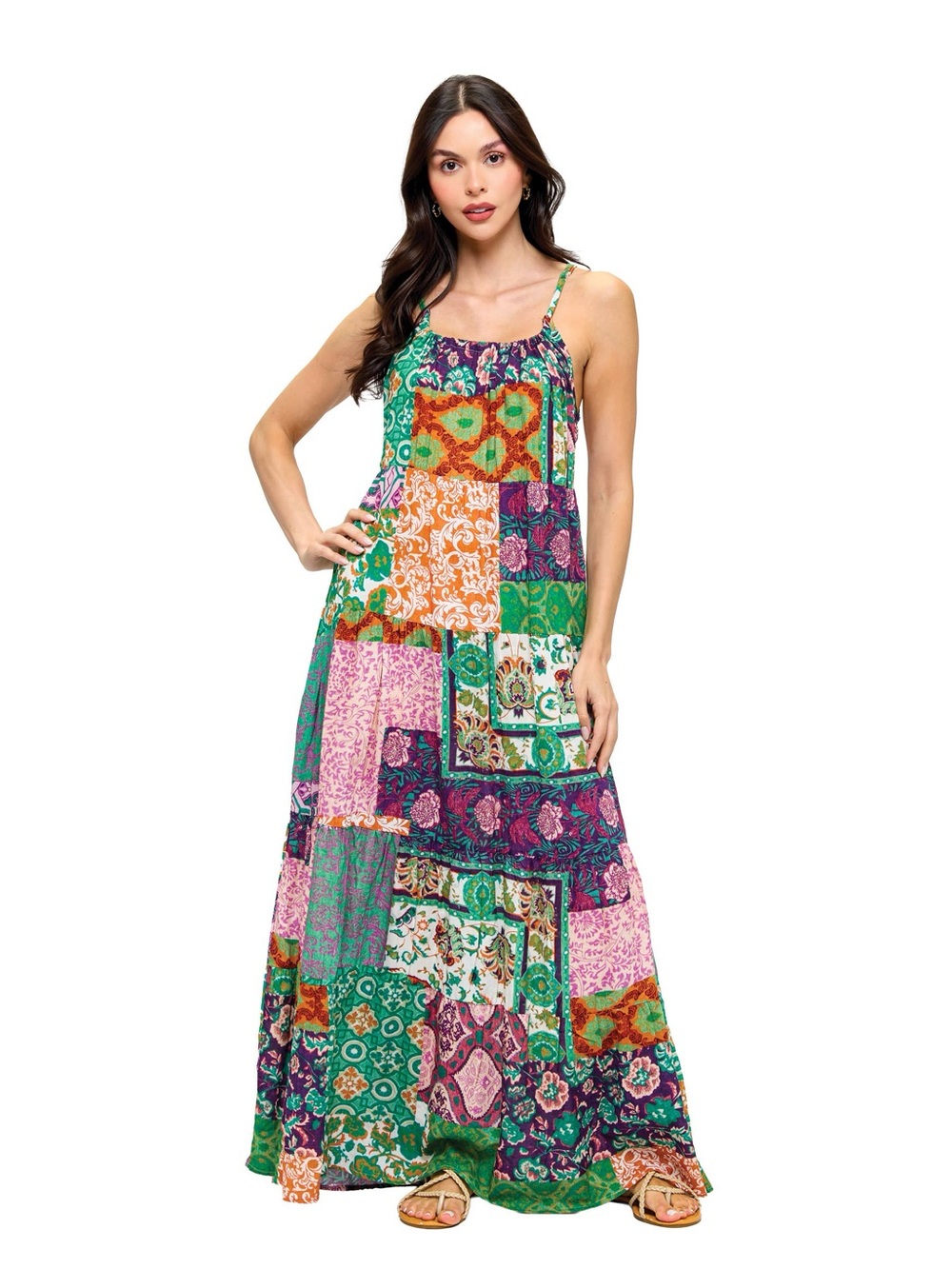 Yak & Yeti Boho Floral Patchwork Print Tiered Maxi Dress